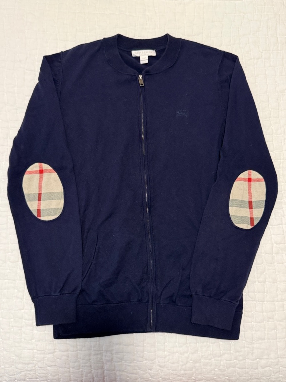 Boys Burberry Zip Front Cardigan 14y 100% Cotton navy blue with Burberry check